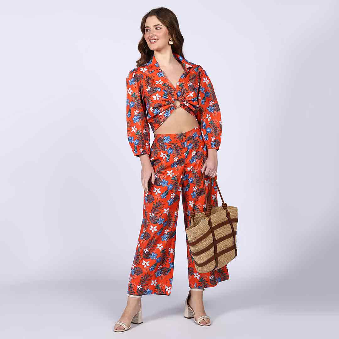 Saint Womens Orange Floral Cotton Poplin Co-ord Set - Image 3