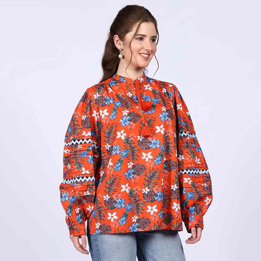 Saint Womens Orange Multicolour Cotton Poplin Top - Image 2