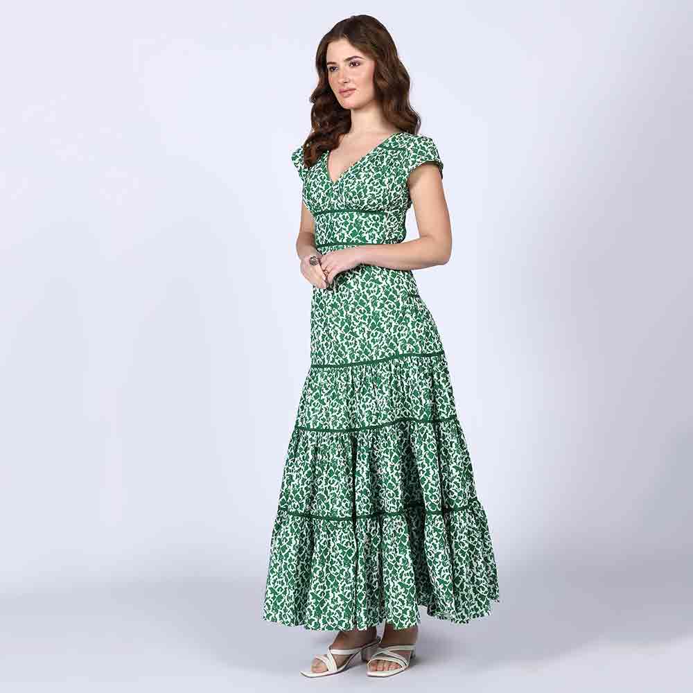 Saint Womens Green Tiered Cotton Voil Maxi Dress - Image 3