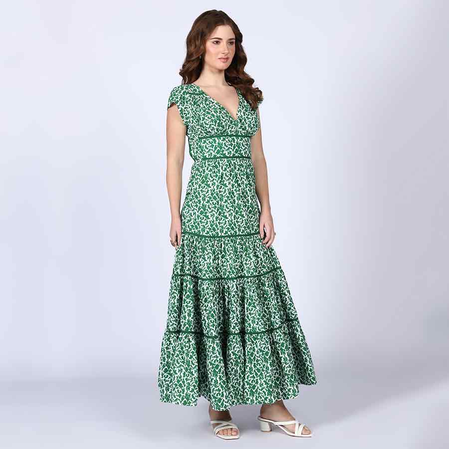 Saint Womens Green Tiered Cotton Voil Maxi Dress - Image 5