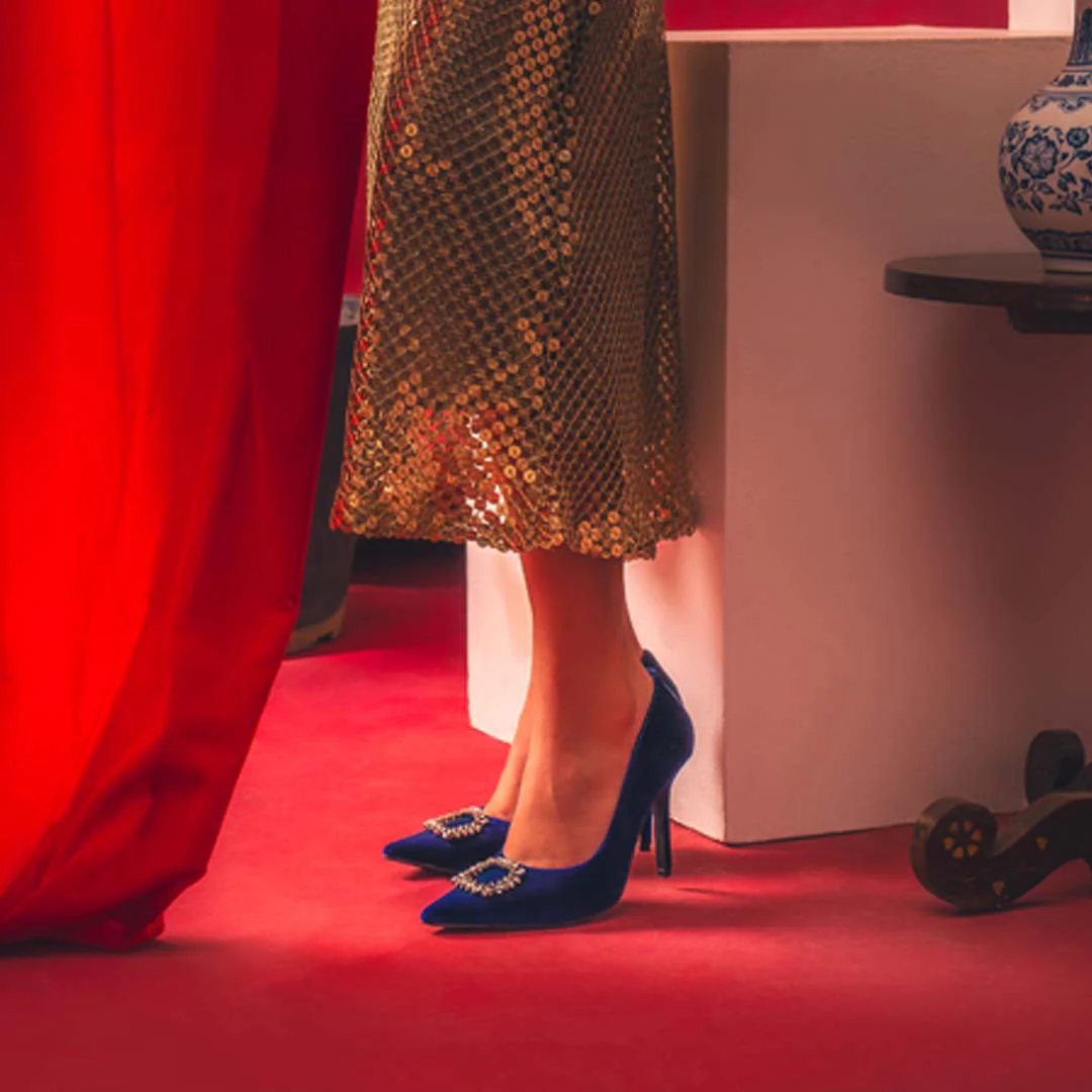 Saint Wren Crystal Buckle Blue Velvet High Heel Pumps - Image 2