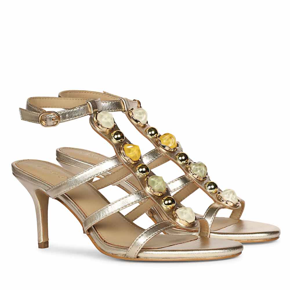Saint Xiomara Gold Metallic Gem T-Strap Stiletto Heels - Image 2