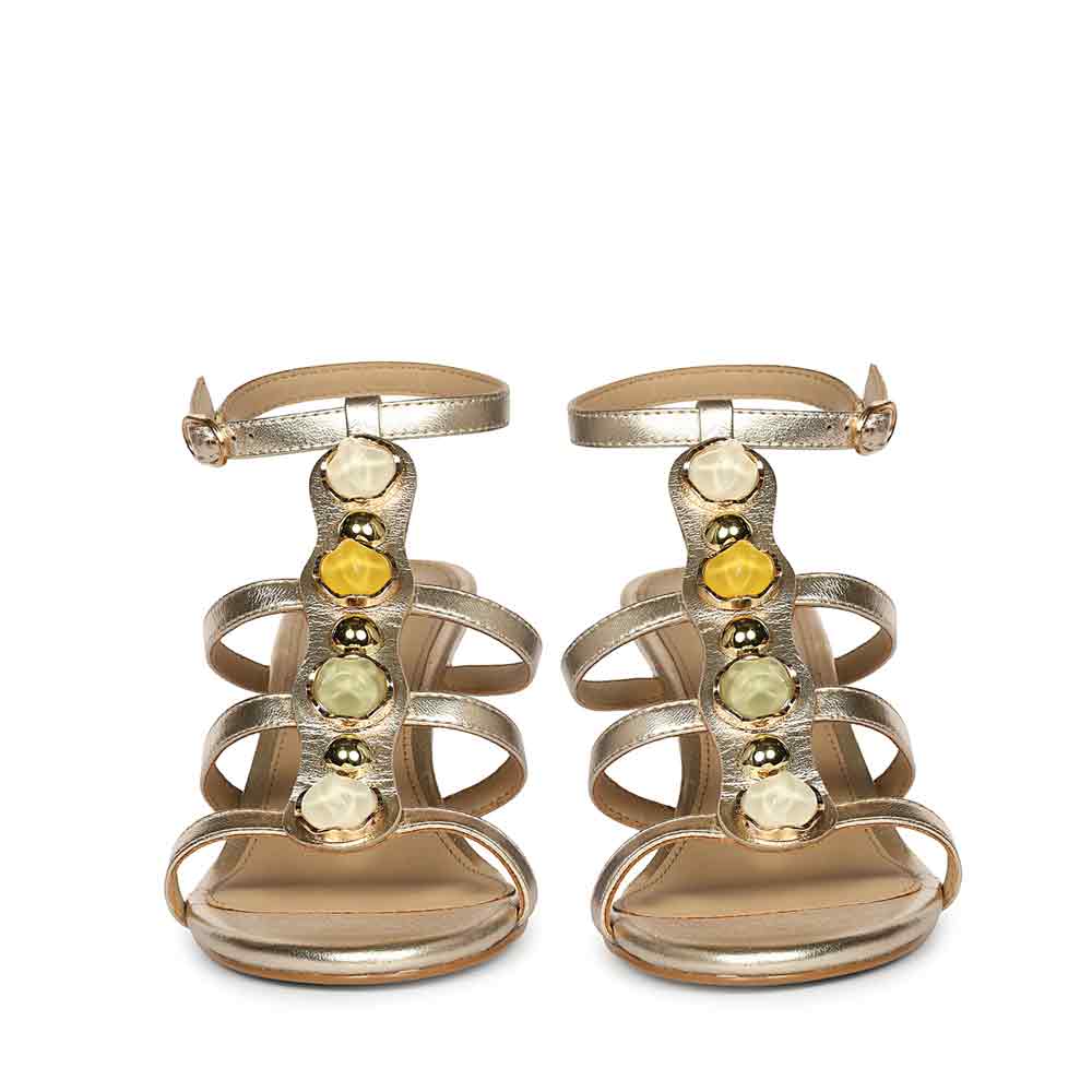 Saint Xiomara Gold Metallic Gem T-Strap Stiletto Heels - Image 4