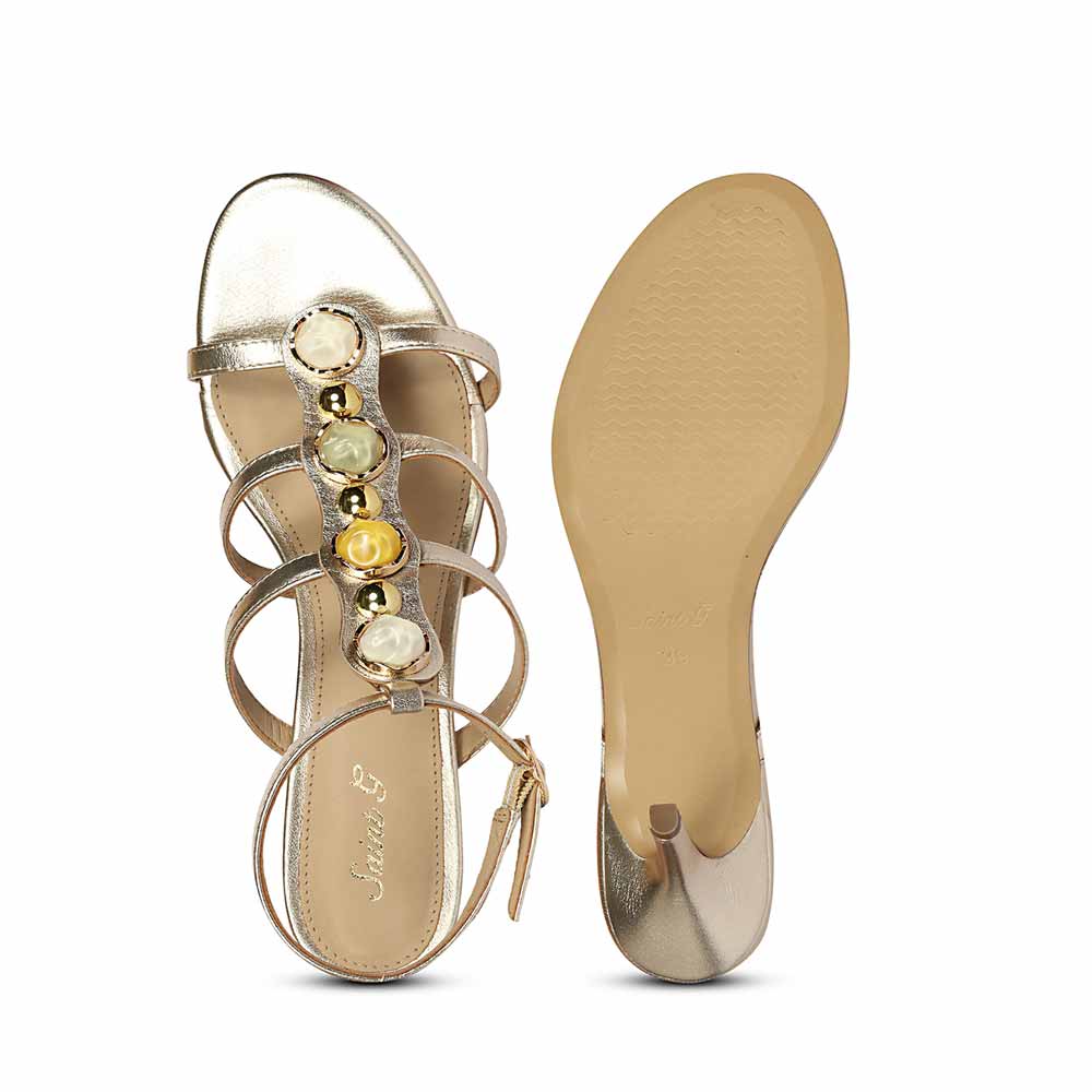 Saint Xiomara Gold Metallic Gem T-Strap Stiletto Heels - Image 6