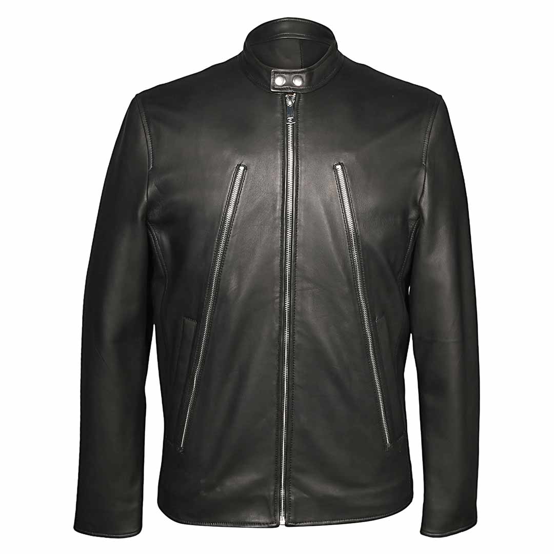 Saint Zachary Black Leather Men's Cafe Racer Jacket - Image 2
