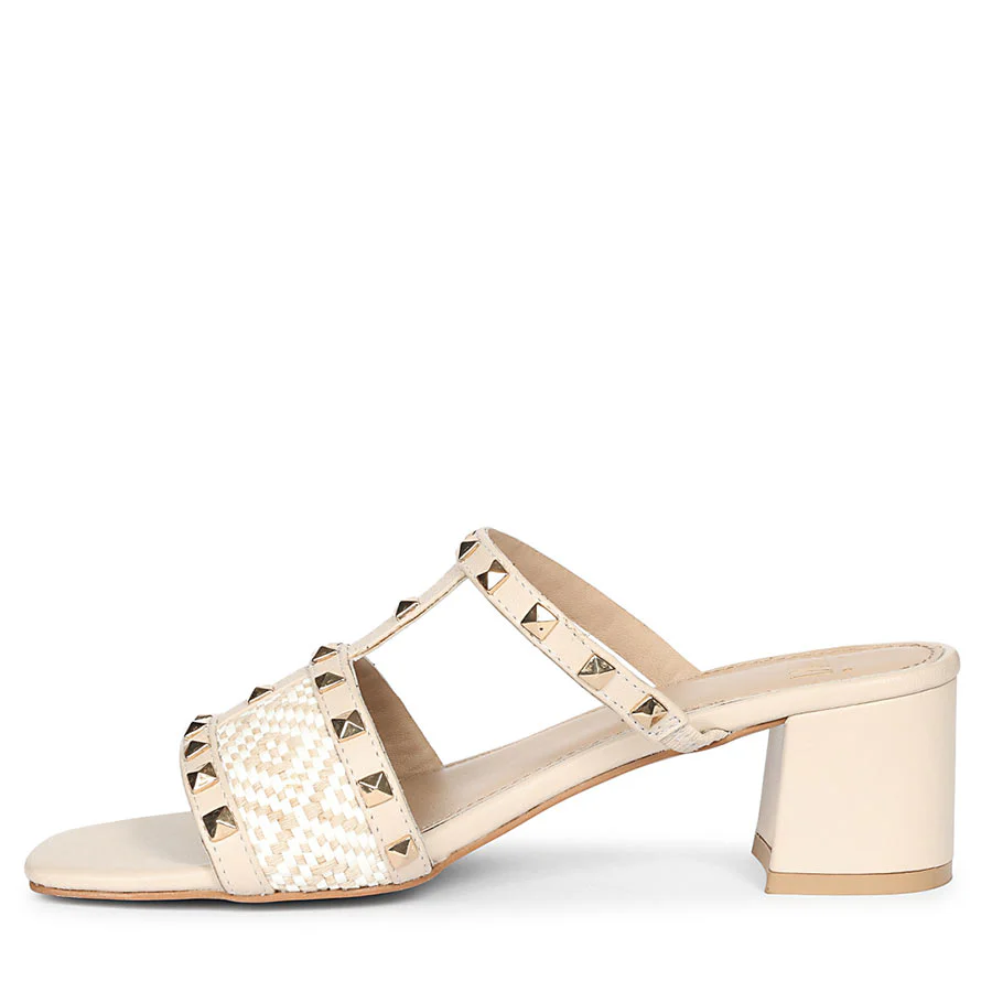 Saint Zafira Pyramid Stud Raffia Beige Leather Block Heels - Image 3