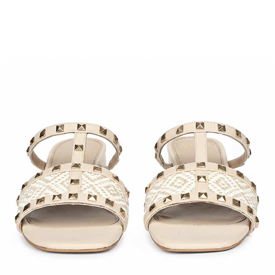 Saint Zafira Pyramid Stud Raffia Beige Leather Block Heels - Image 4