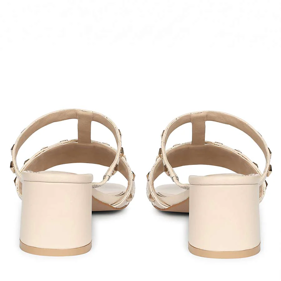 Saint Zafira Pyramid Stud Raffia Beige Leather Block Heels - Image 5
