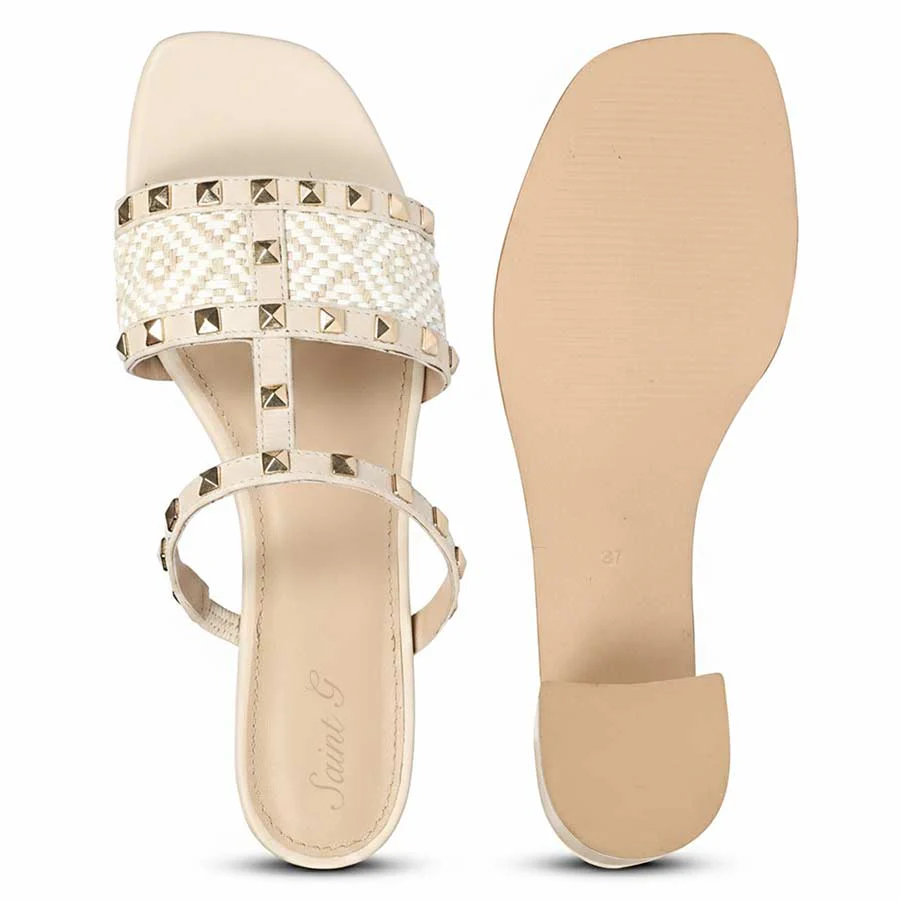 Saint Zafira Pyramid Stud Raffia Beige Leather Block Heels - Image 6