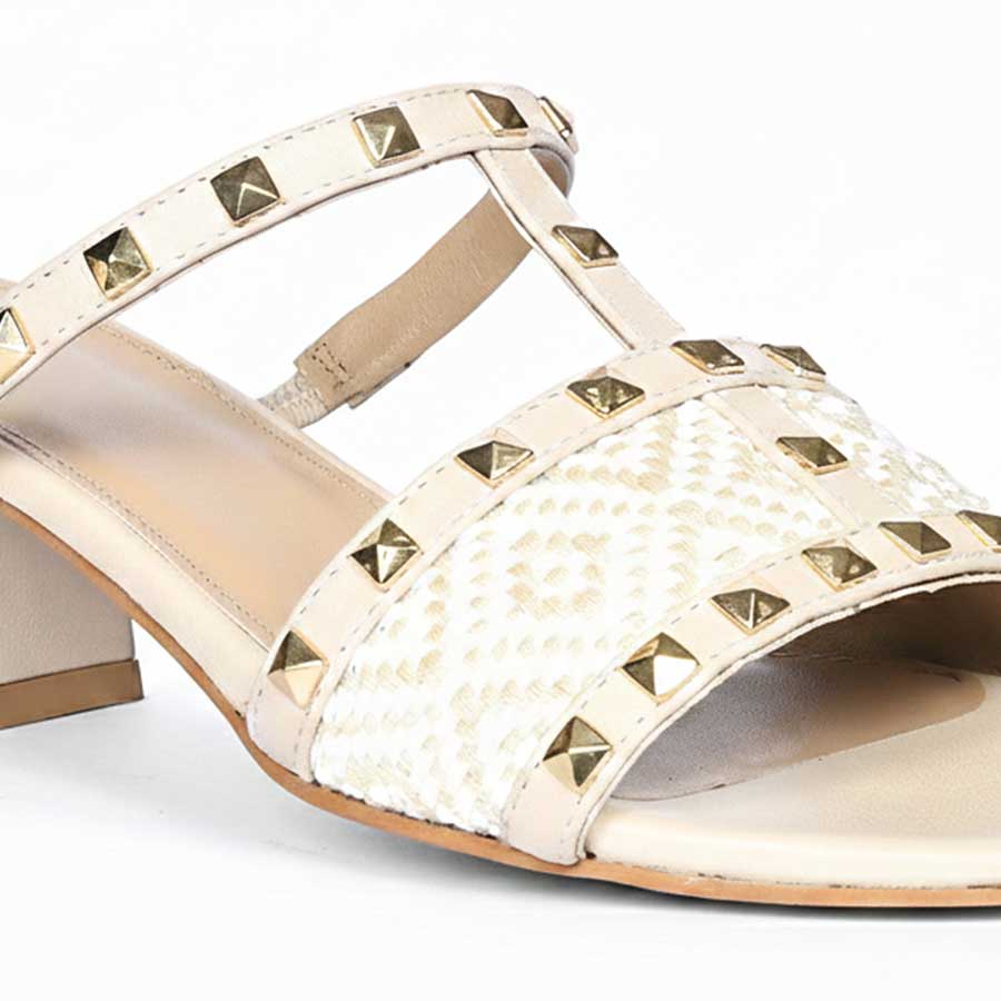 Saint Zafira Pyramid Stud Raffia Beige Leather Block Heels - Image 7