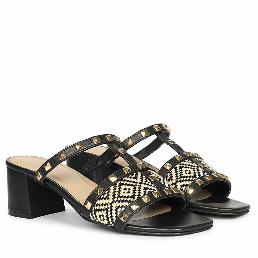 Saint Zafira Pyramid Stud Raffia Black Leather Block Heels - Image 3