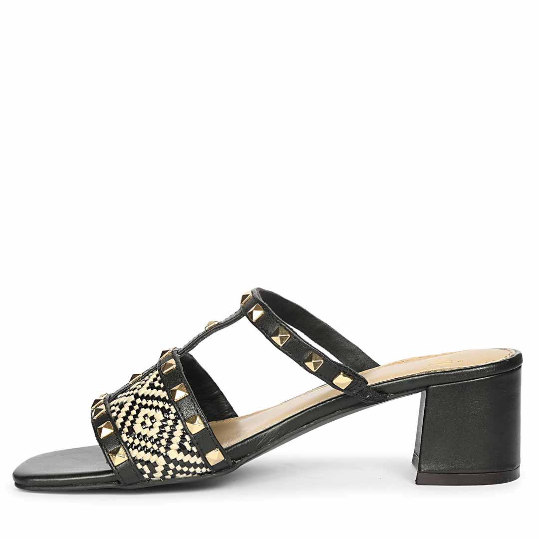 Saint Zafira Pyramid Stud Raffia Black Leather Block Heels - Image 4