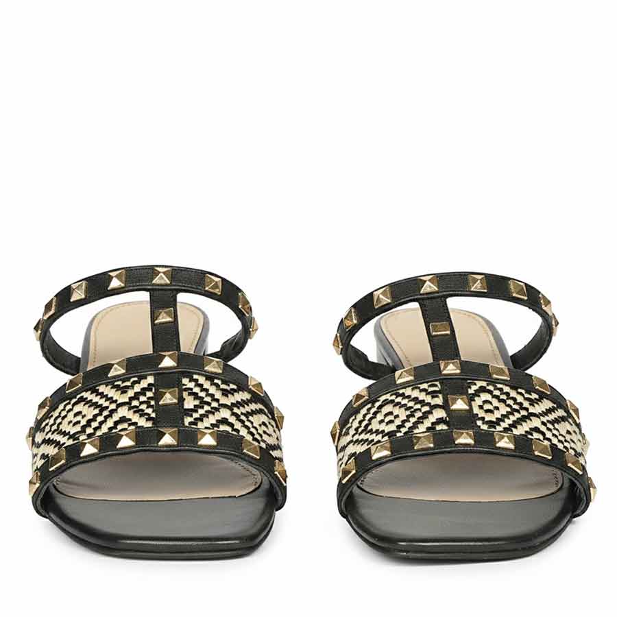 Saint Zafira Pyramid Stud Raffia Black Leather Block Heels - Image 5