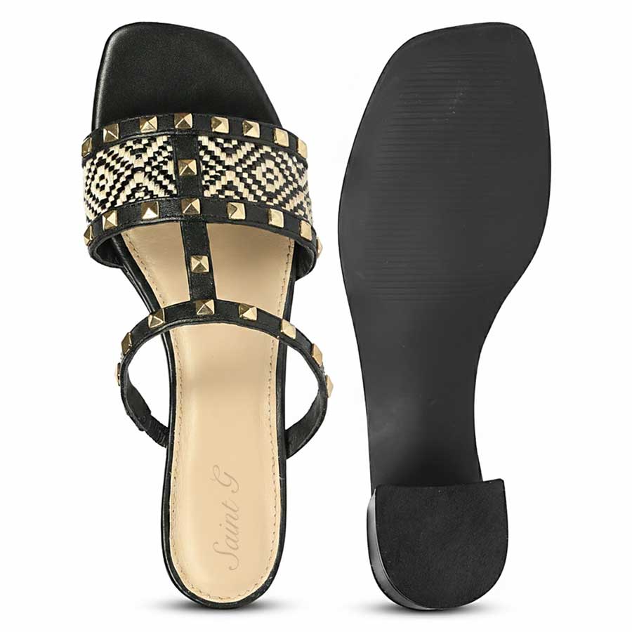 Saint Zafira Pyramid Stud Raffia Black Leather Block Heels - Image 7