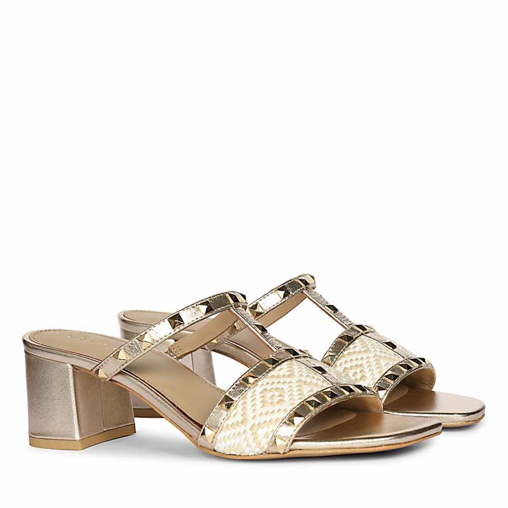 Saint Zafira Pyramid Stud Raffia Gold Leather Block Heels - Image 3