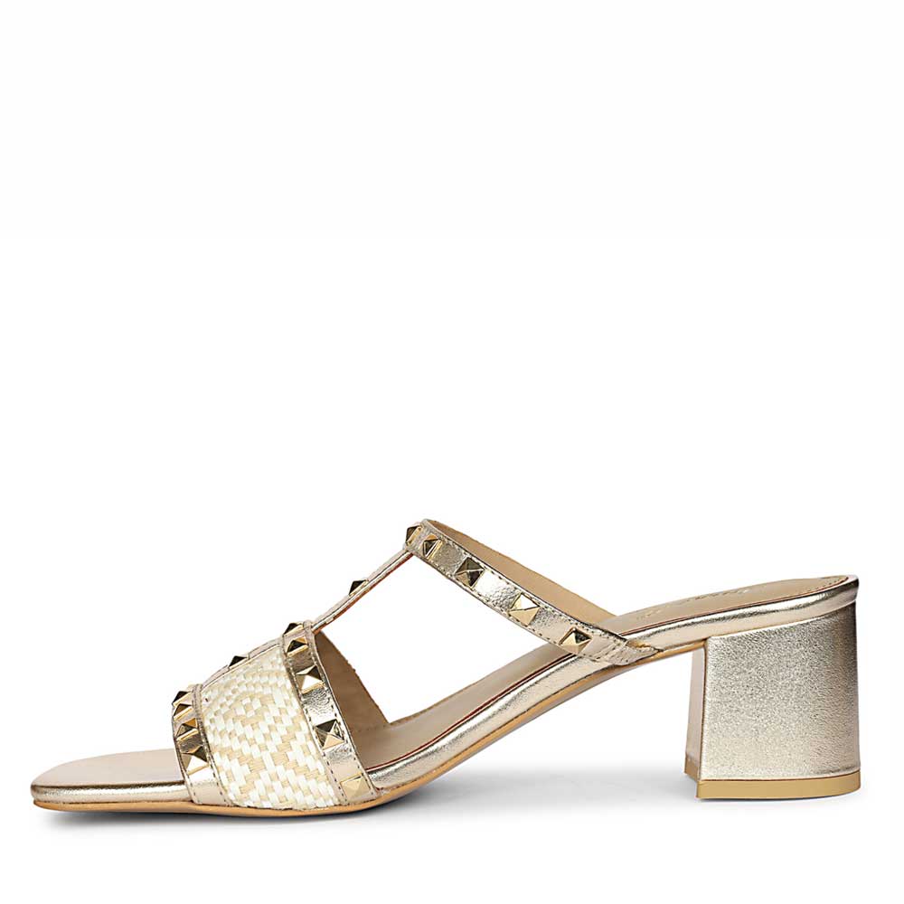 Saint Zafira Pyramid Stud Raffia Gold Leather Block Heels - Image 4