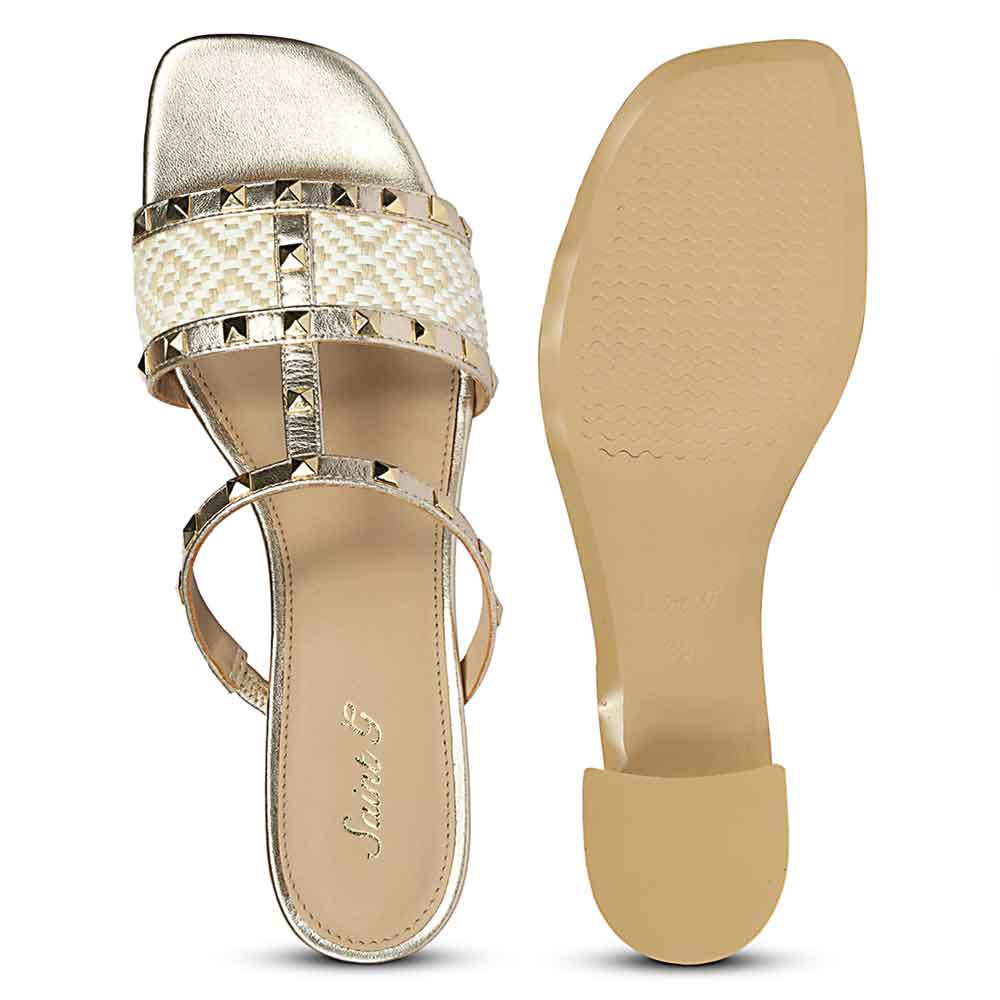 Saint Zafira Pyramid Stud Raffia Gold Leather Block Heels - Image 6
