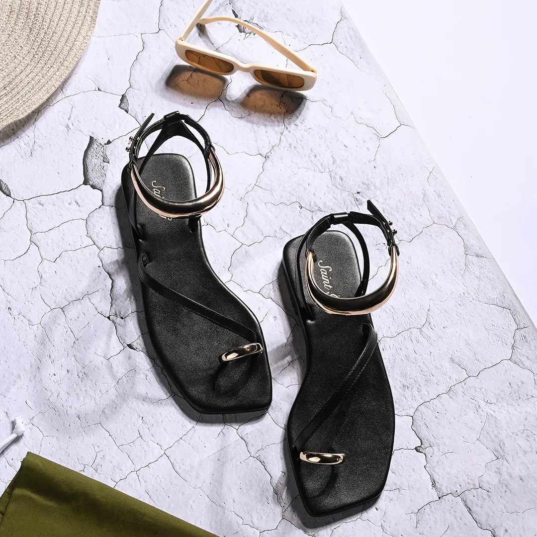 Saint Zinovia Gold-Trim Black Leather Sandals - Image 2