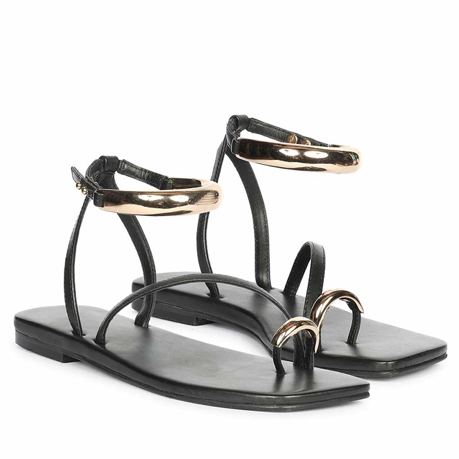 Saint Zinovia Gold-Trim Black Leather Sandals - Image 3