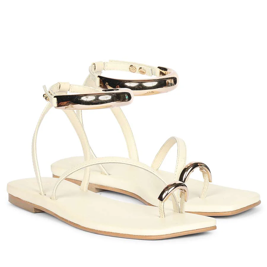 Saint Zinovia Gold-Trim Off White Leather Sandals - Image 2