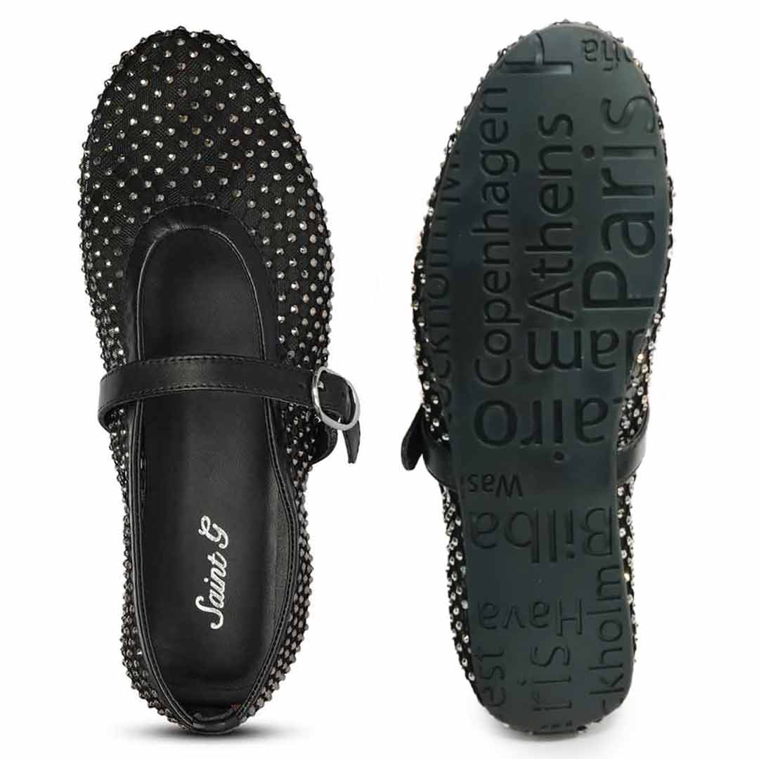 Saint Zoey Strass Embellished Black Leather Flats - Image 6