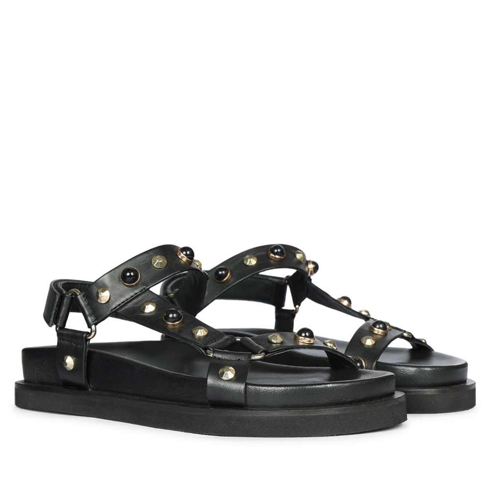 Saint Zoya Pearl Metal Studs Black Leather Sandals - Image 2