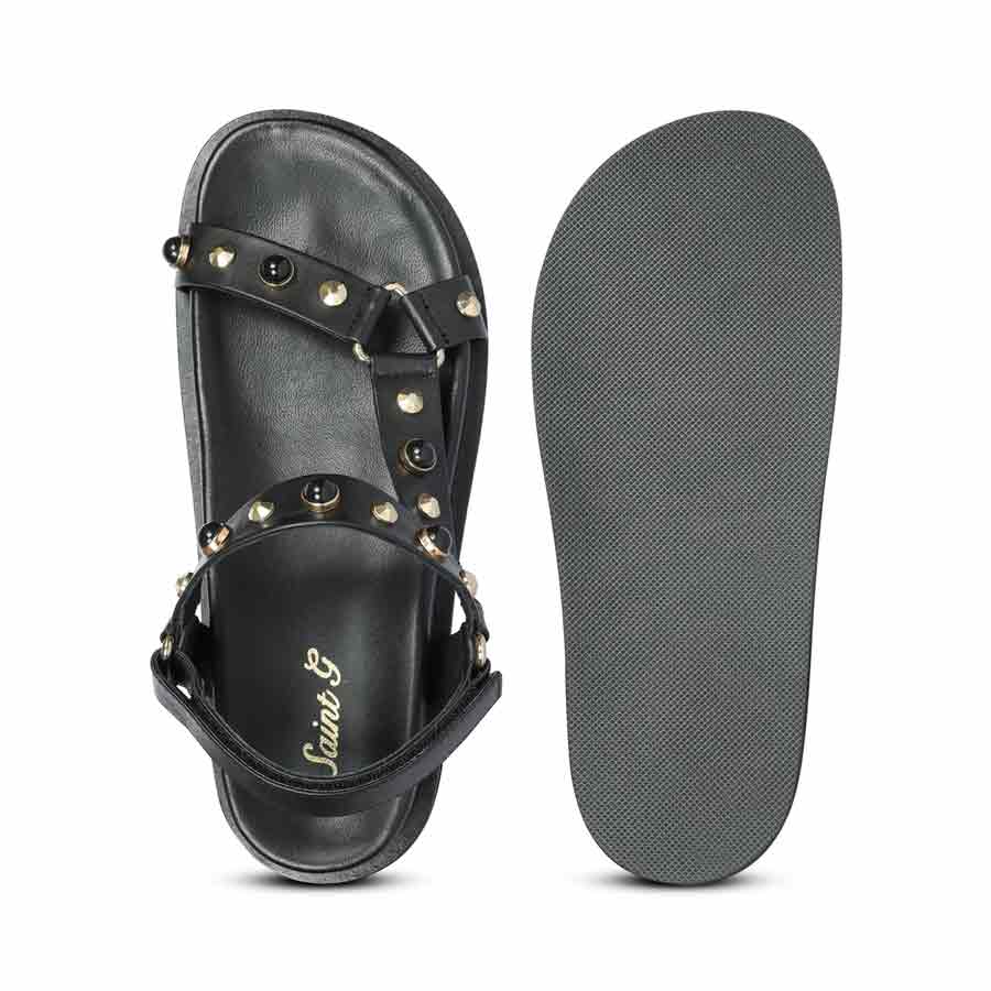 Saint Zoya Pearl Metal Studs Black Leather Sandals - Image 5