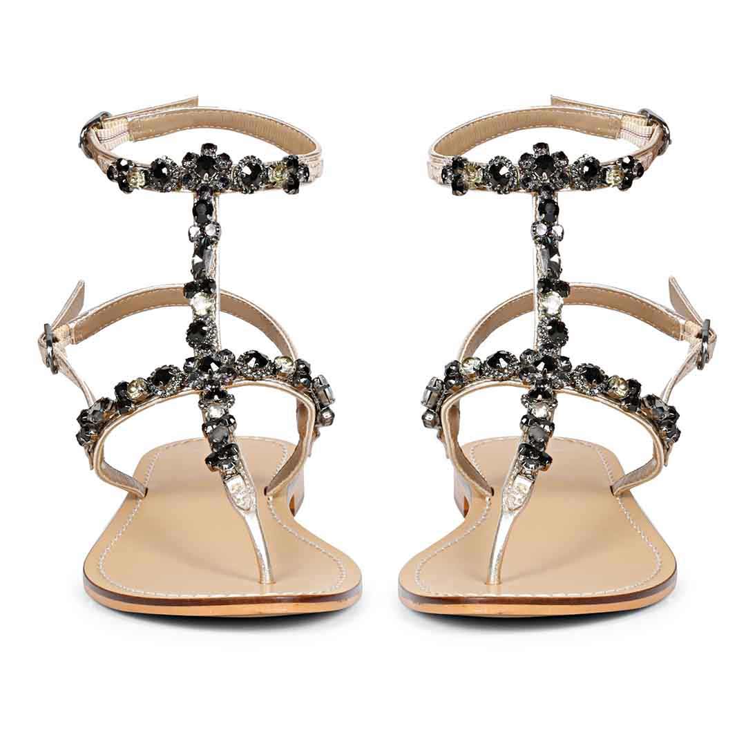 Saint Zuri Black Stone Embellished Gold Leather Flat Sandals - Image 5