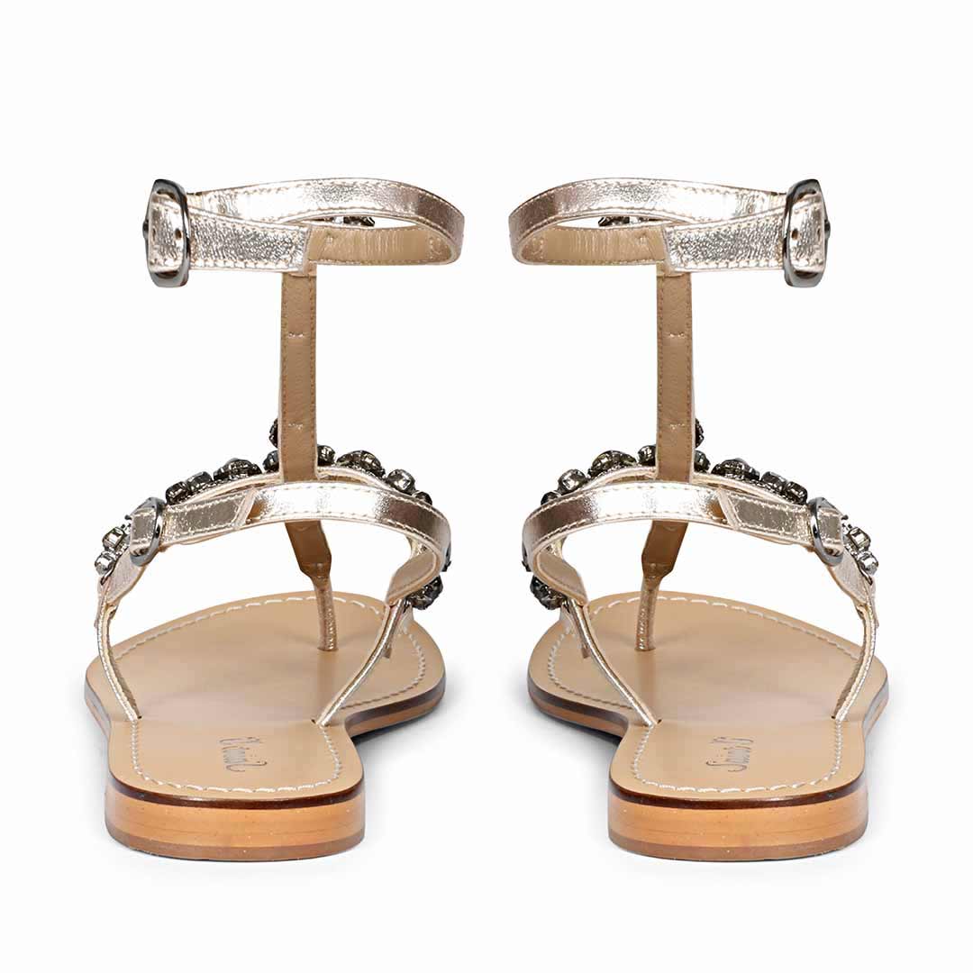 Saint Zuri Black Stone Embellished Gold Leather Flat Sandals - Image 6