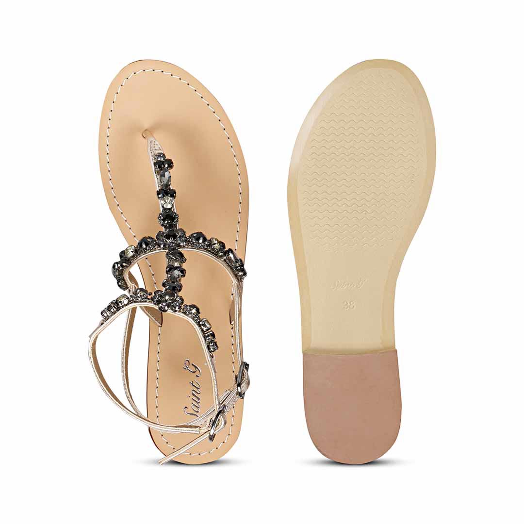 Saint Zuri Black Stone Embellished Gold Leather Flat Sandals - Image 7