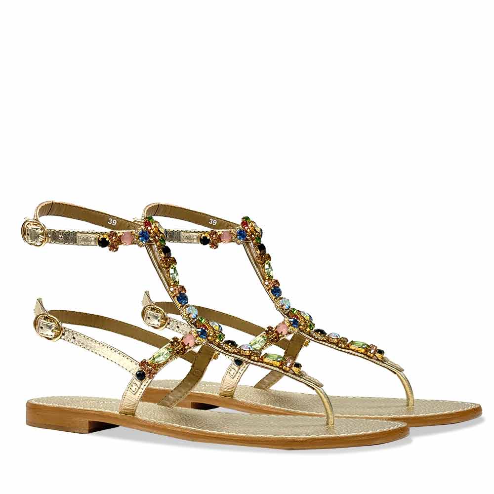 Saint Zuri Multi Stone Embellished Gold Leather Sandals - Image 3