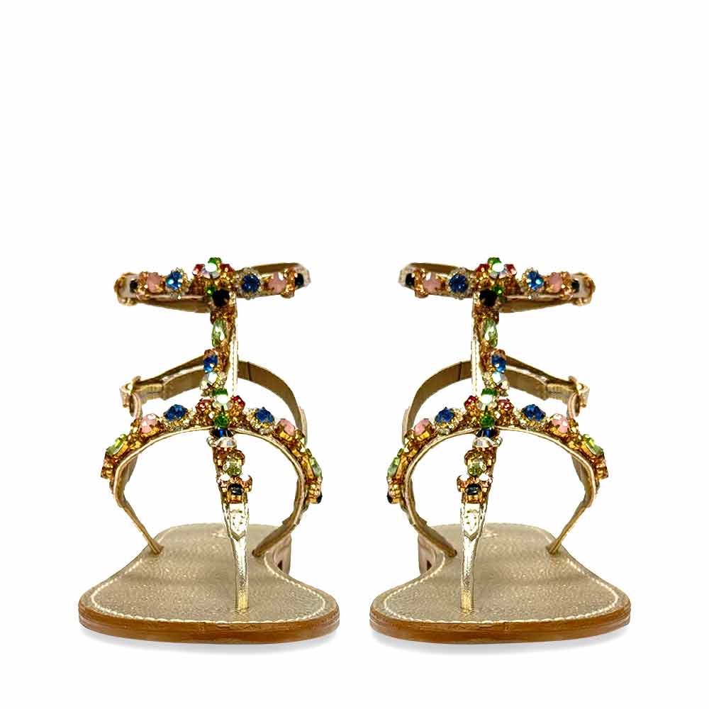 Saint Zuri Multi Stone Embellished Gold Leather Sandals - Image 4