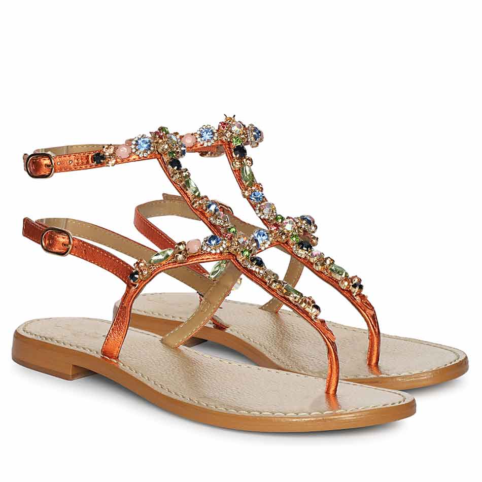 Saint Zuri Multi Stone Metallic Orange Leather Sandals - Image 3