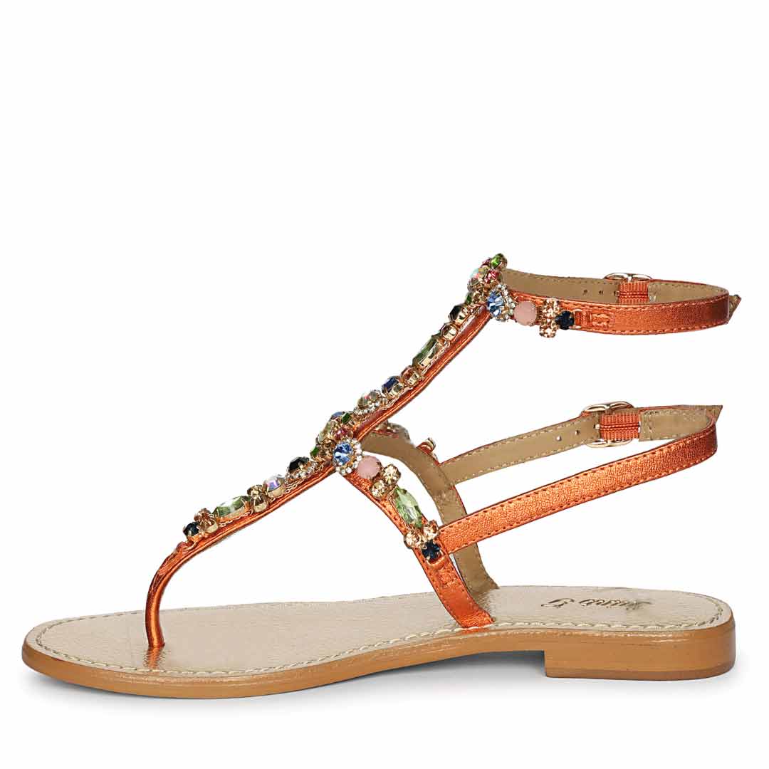 Saint Zuri Multi Stone Metallic Orange Leather Sandals - Image 4