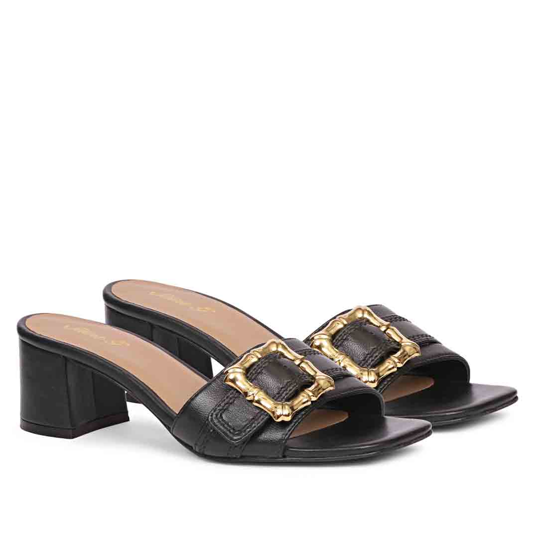 Saint Flavia Gold Square Buckle Leather Block Heels - Image 3