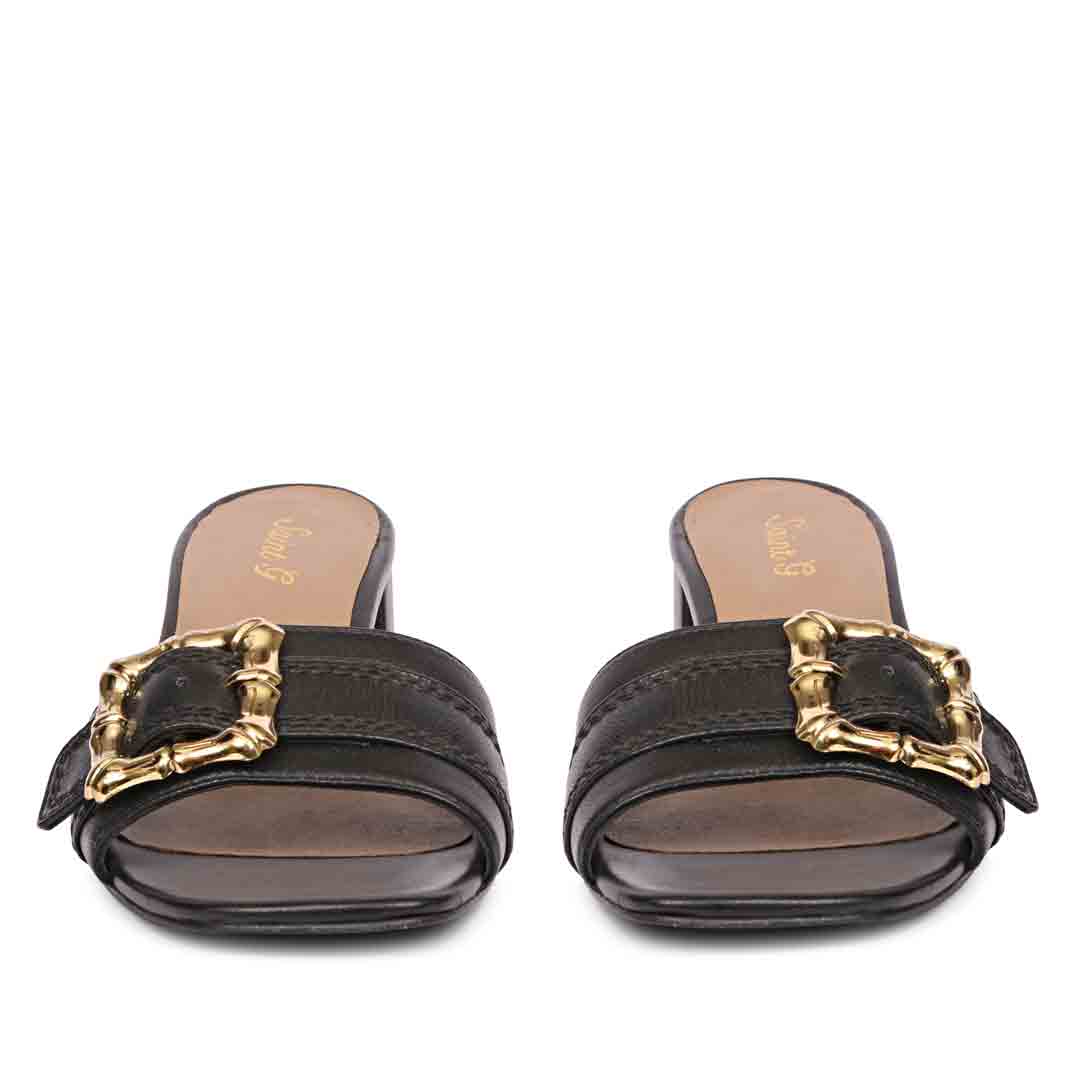 Saint Flavia Gold Square Buckle Leather Block Heels - Image 4
