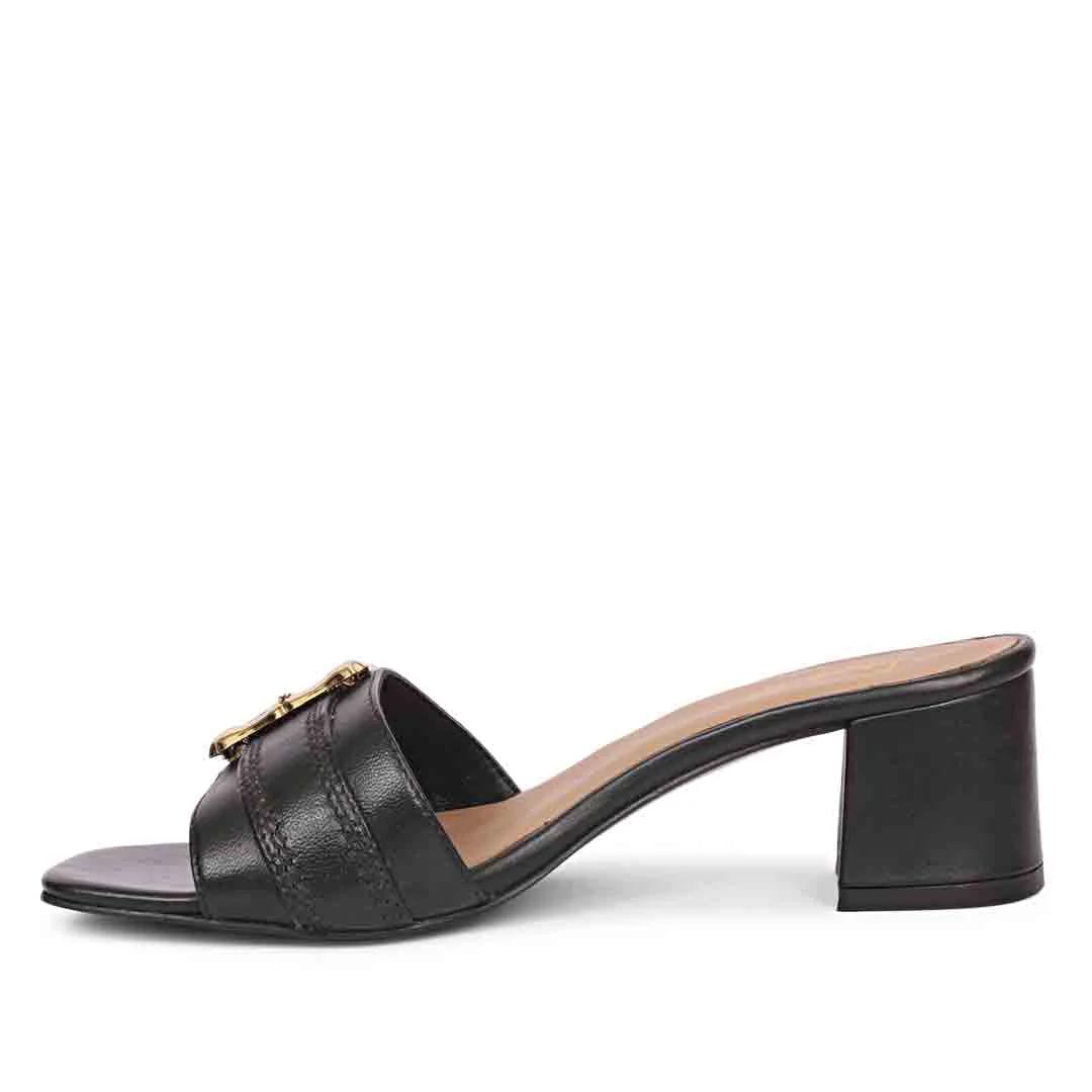 Saint Flavia Gold Square Buckle Leather Block Heels - Image 5