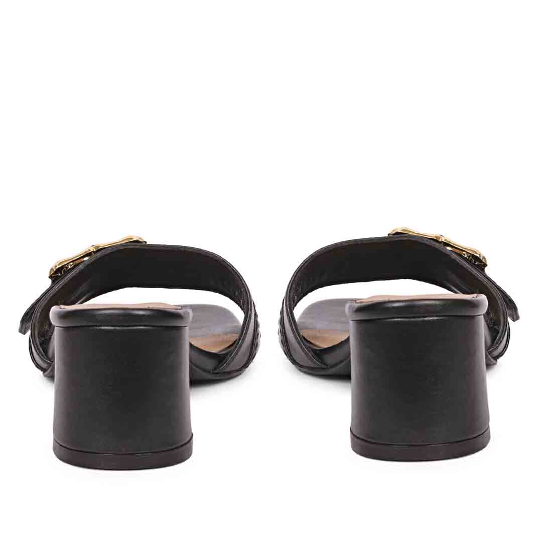 Saint Flavia Gold Square Buckle Leather Block Heels - Image 6