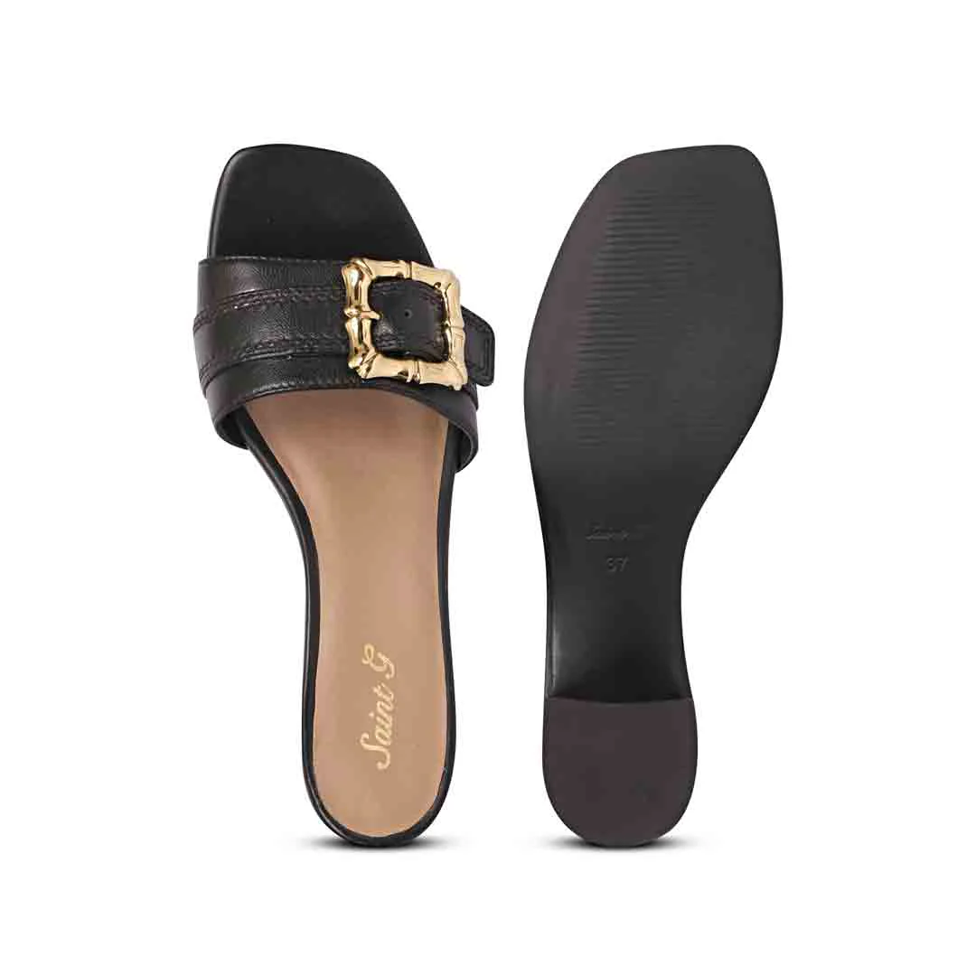 Saint Flavia Gold Square Buckle Leather Block Heels - Image 7
