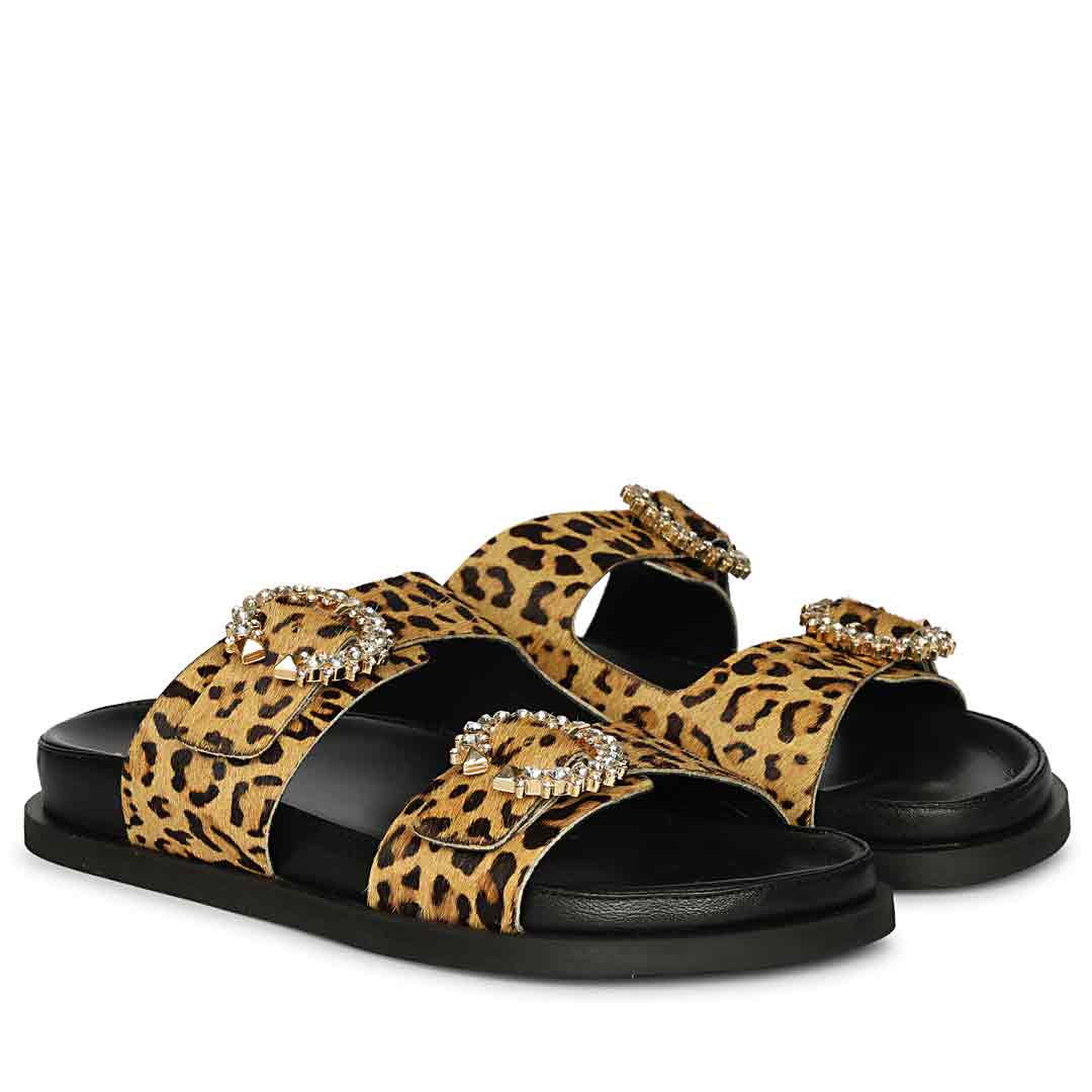 Saint Marta Crystal Buckle Leo Print Hair-On Leather Sandals - Image 3