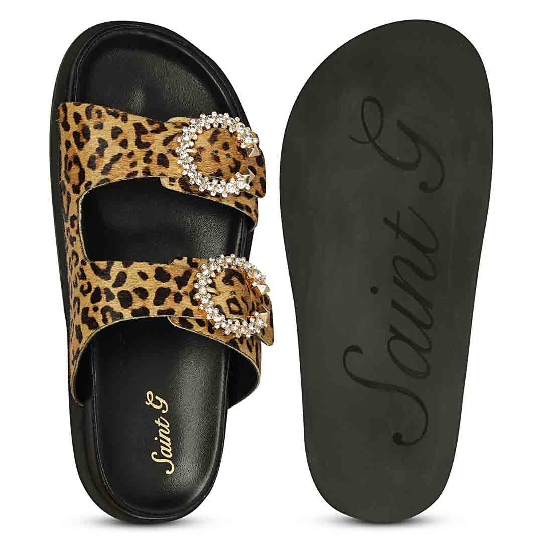 Saint Marta Crystal Buckle Leo Print Hair-On Leather Sandals - Image 7