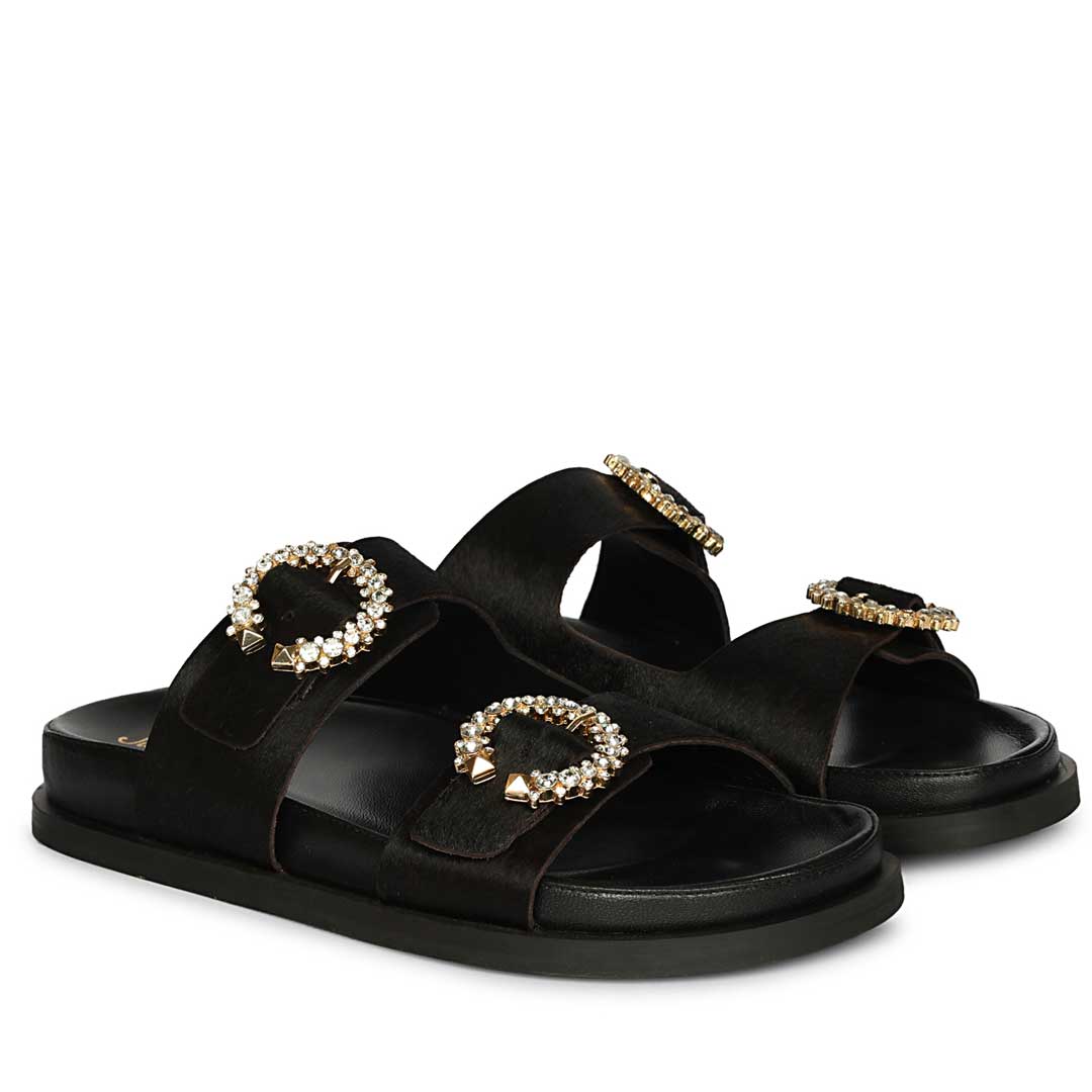 Saint Marta Jewel Pin Buckle Black Hair On Leather Sandals - Image 3