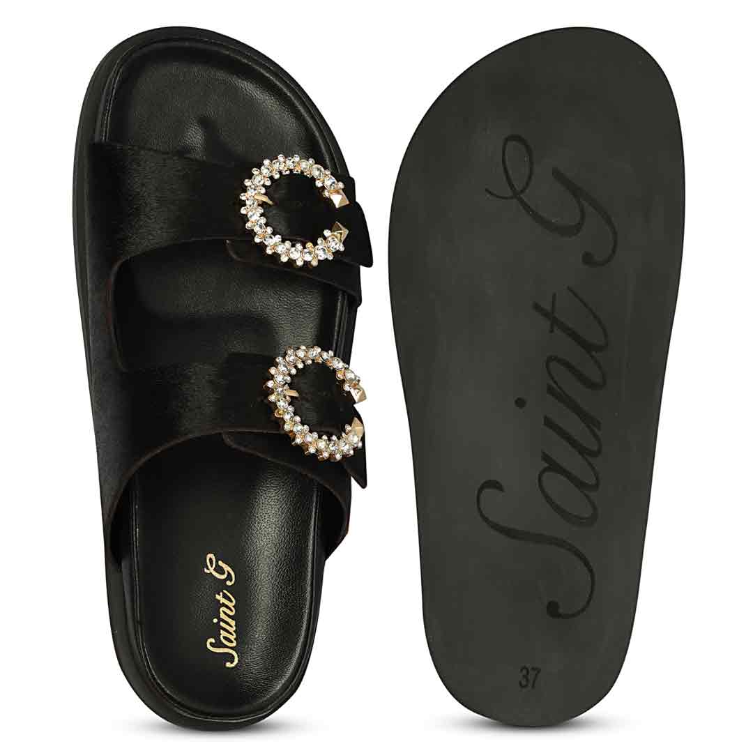Saint Marta Jewel Pin Buckle Black Hair On Leather Sandals - Image 6
