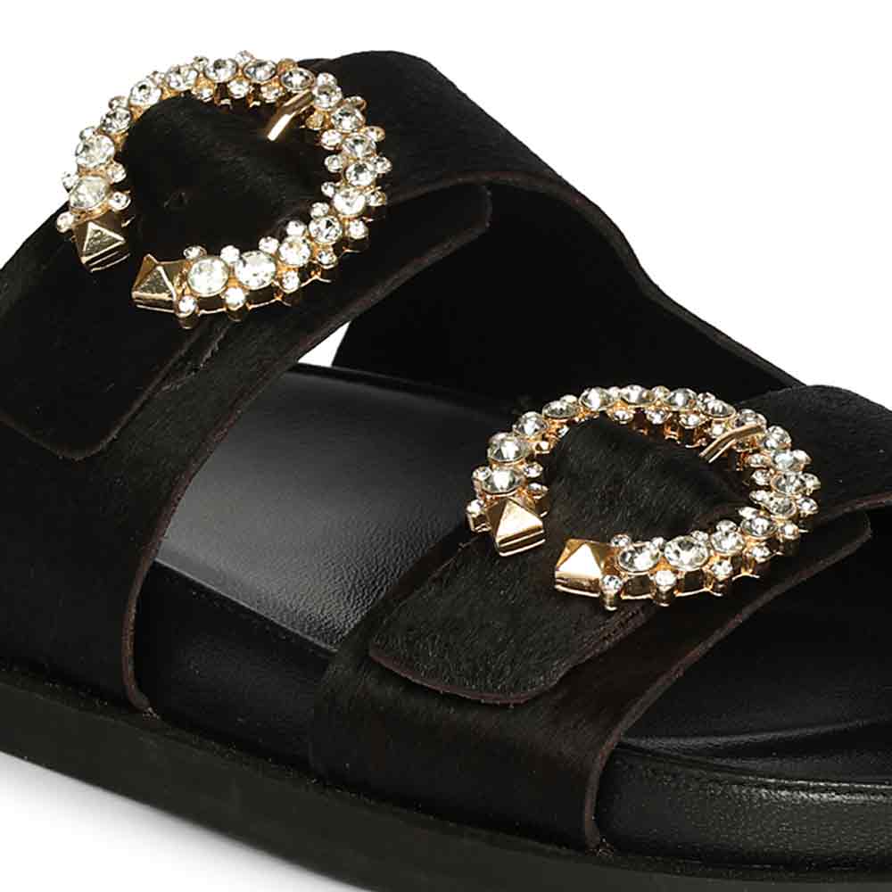 Saint Marta Jewel Pin Buckle Black Hair On Leather Sandals - Image 7