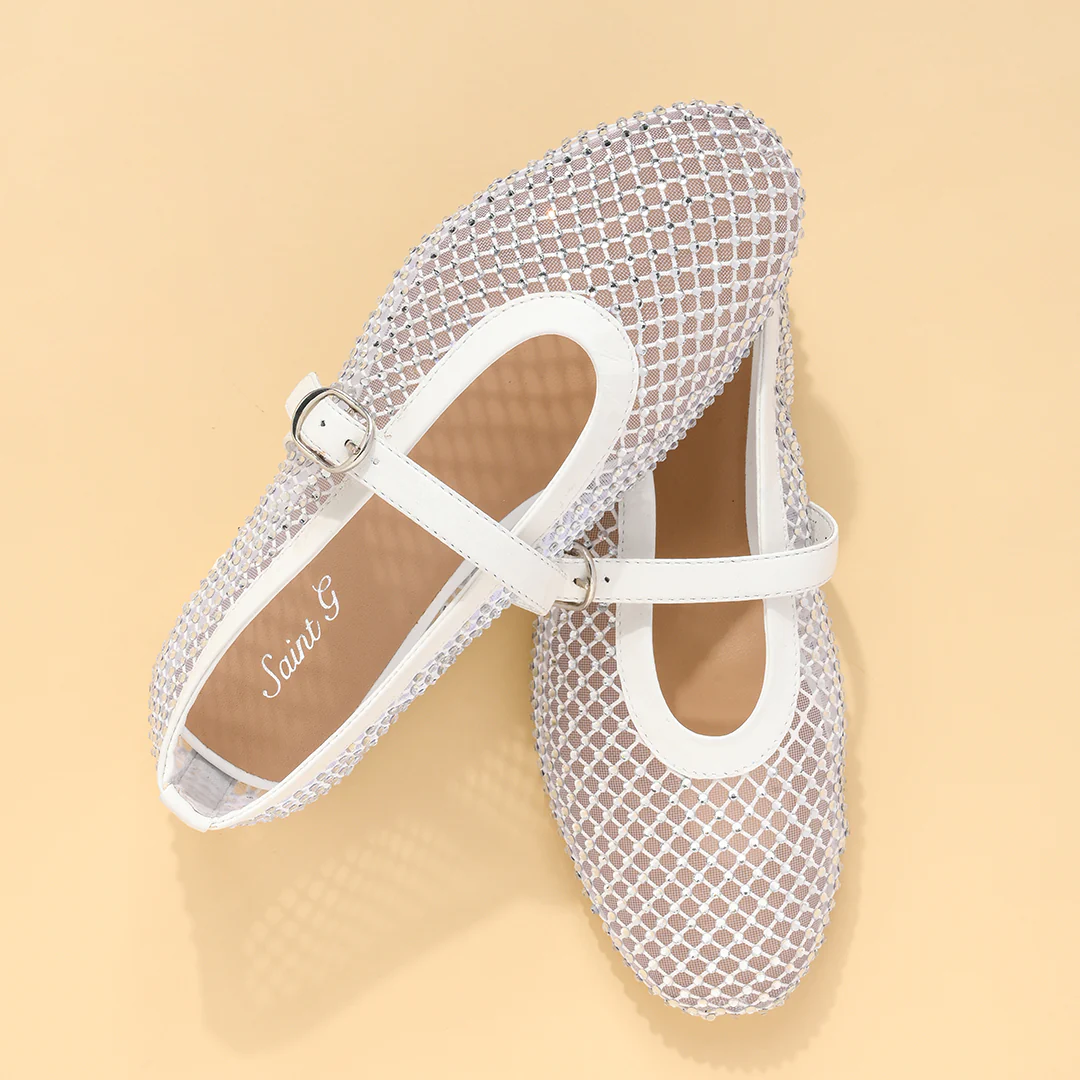 Saint Zoey Strass Embellished White Leather Flats - Image 8