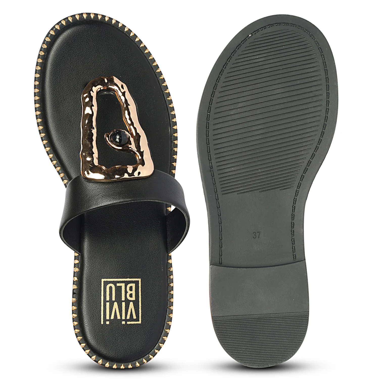 Solana Black Leather Flat Sandals - Image 6