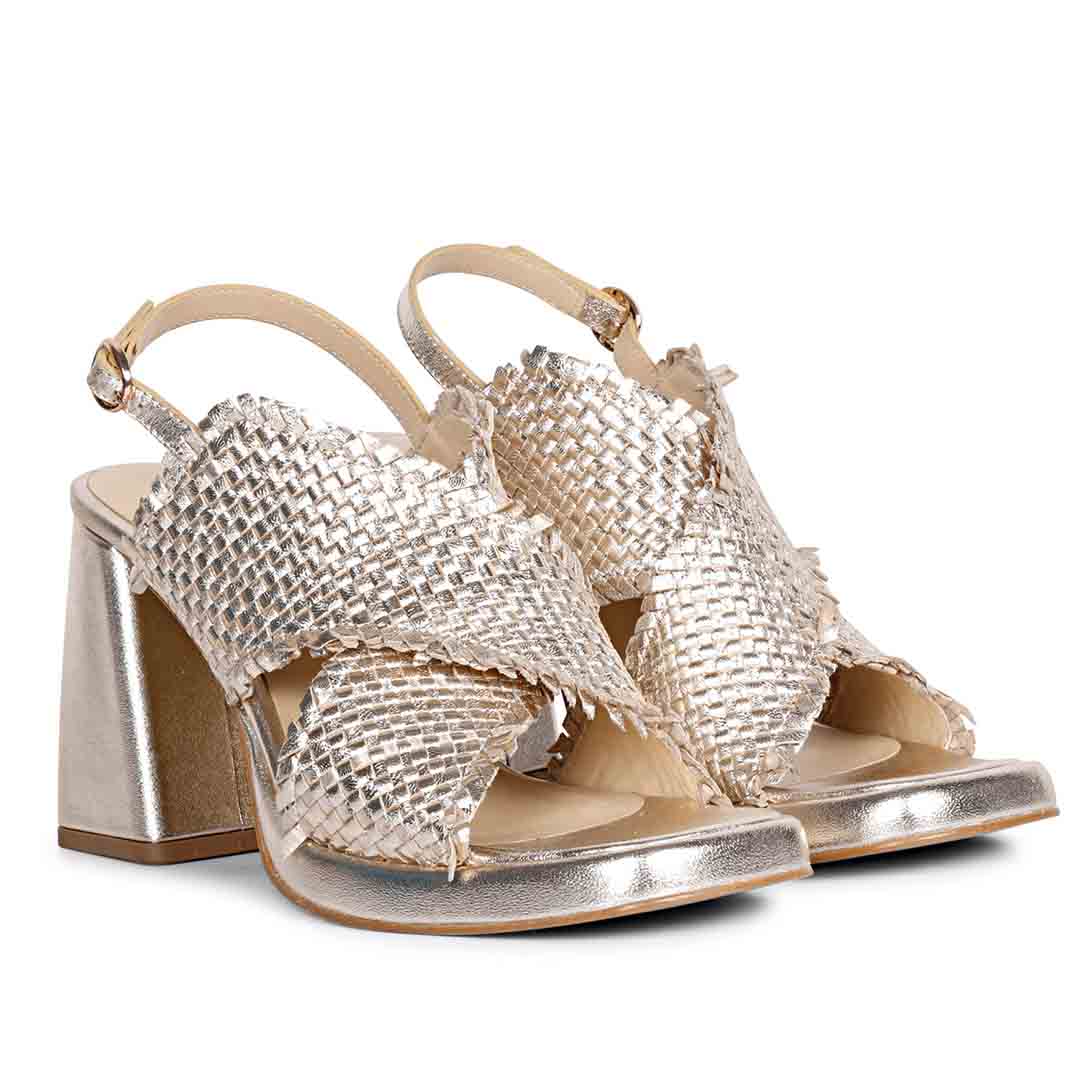 Saint Shelby Gold Metallic Crisscross Fringed Woven Leather Block Heels - Image 3