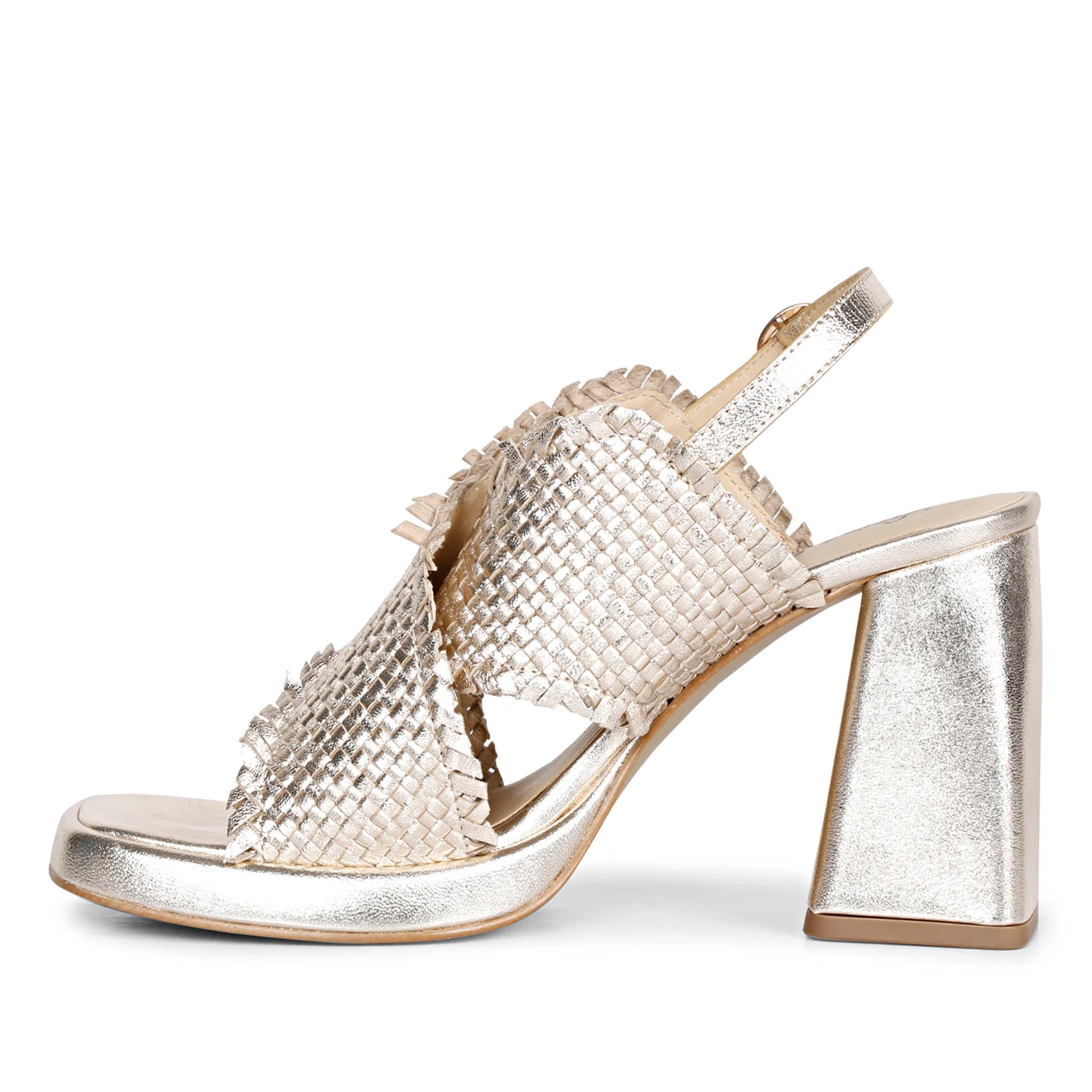 Saint Shelby Gold Metallic Crisscross Fringed Woven Leather Block Heels - Image 4