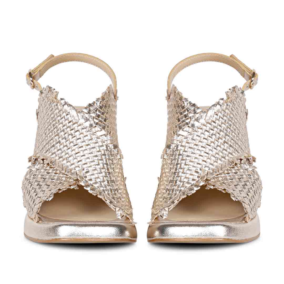 Saint Shelby Gold Metallic Crisscross Fringed Woven Leather Block Heels - Image 5