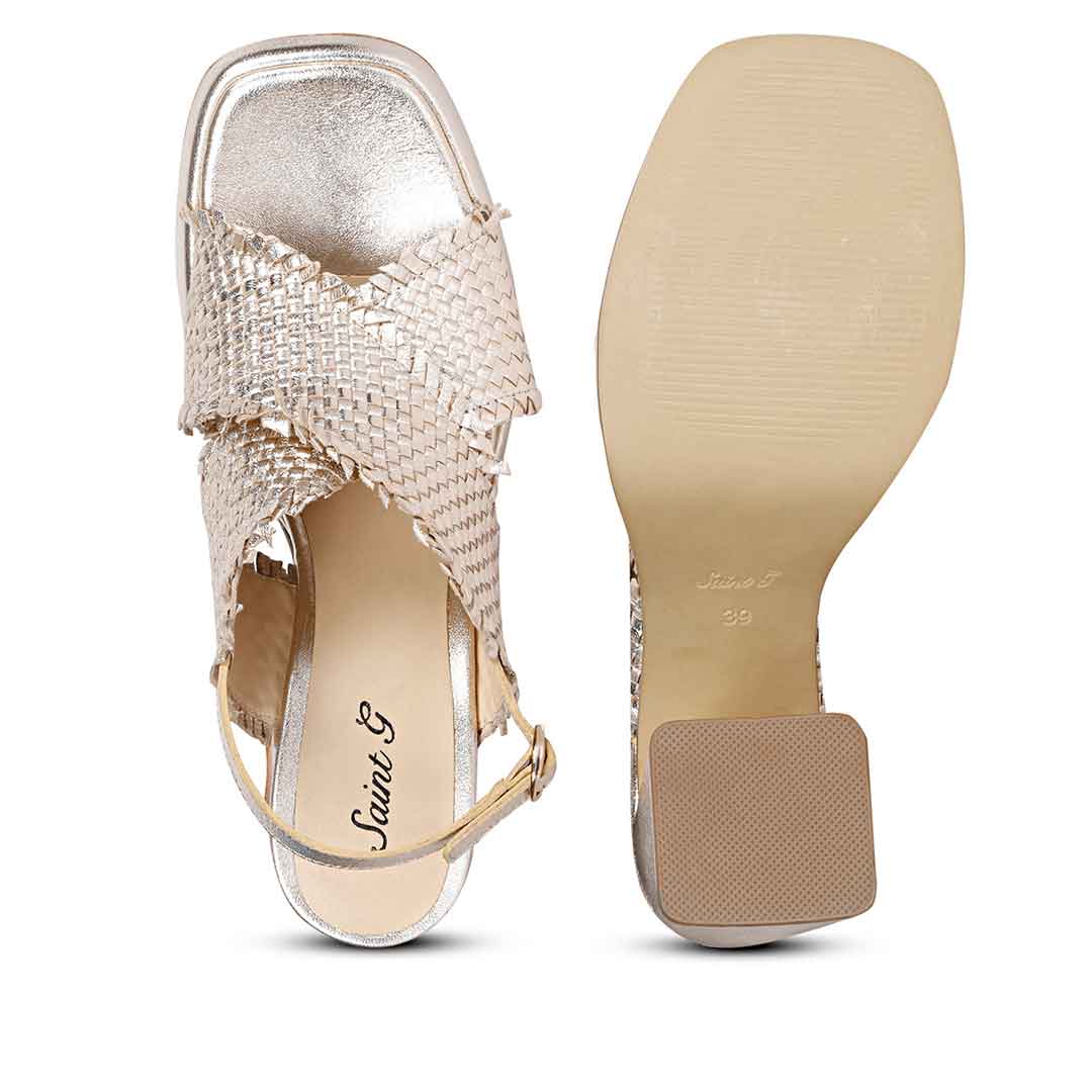 Saint Shelby Gold Metallic Crisscross Fringed Woven Leather Block Heels - Image 7
